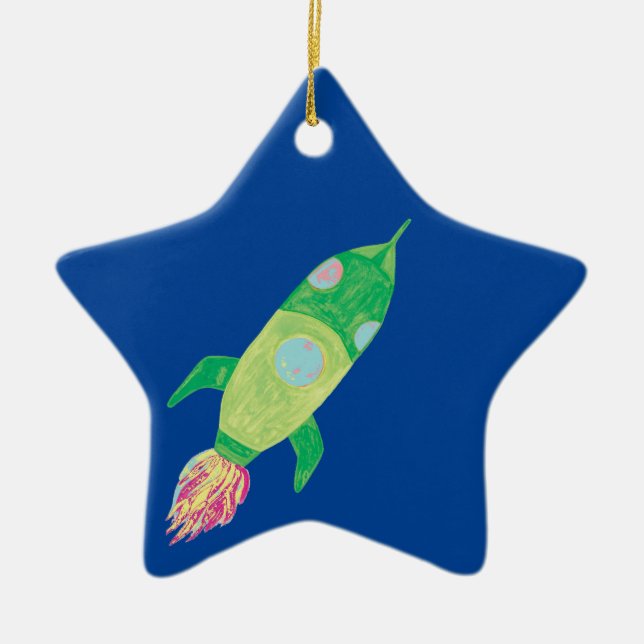Green Childish Space Rocket Star Ceramic Ornament (Front)