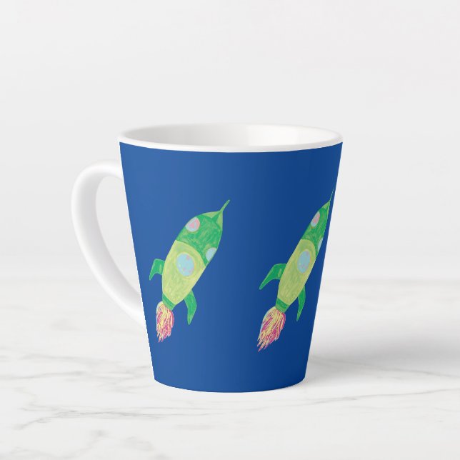 Green Childish Space Rocket Star Latte Mug (Left Angle)