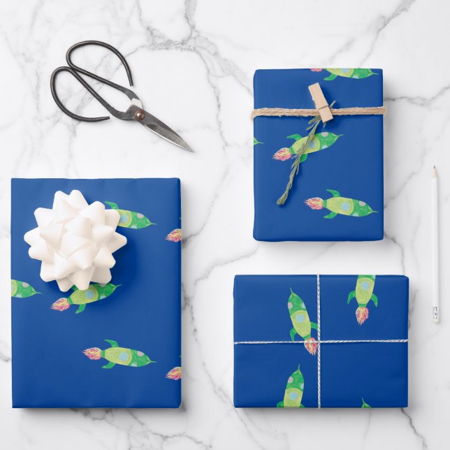 Green Childish Space Rocket  Wrapping Paper Sheet (Front)