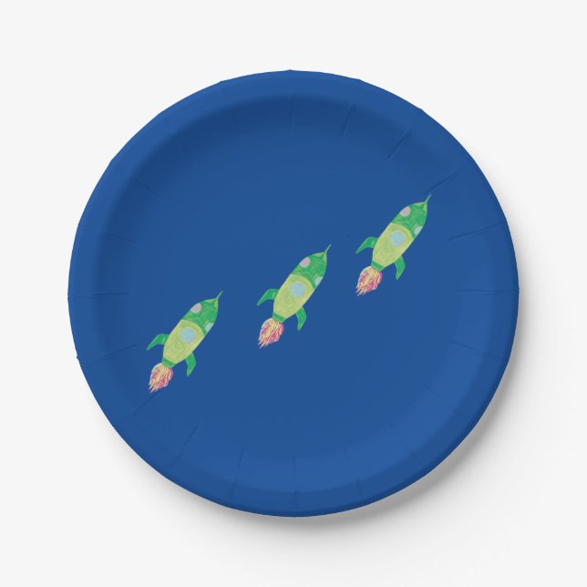 Green Childish Space Rockets  Paper Plate (Front)