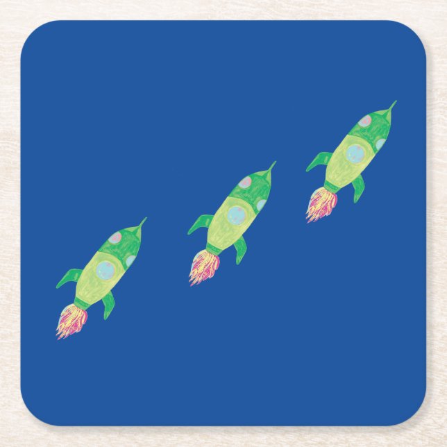 Green Childish Space Rockets  Square Paper Coaster (Front)