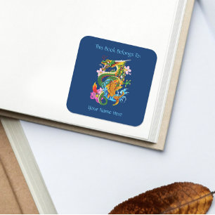Green Chinese Dragon Koi Bookplate Square Sticker