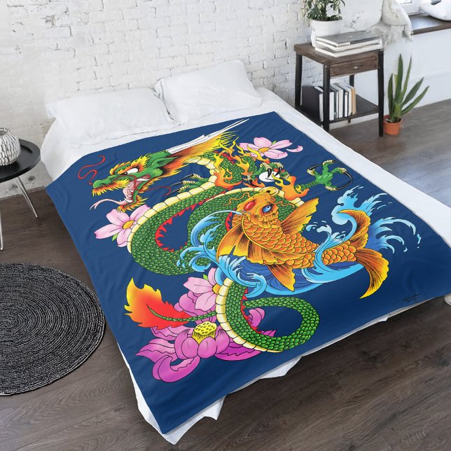Green Chinese Dragon Koi Fleece Blanket (Creator Uploaded)