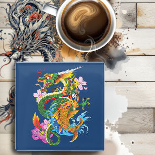Green Chinese Dragon Koi Glass Coaster