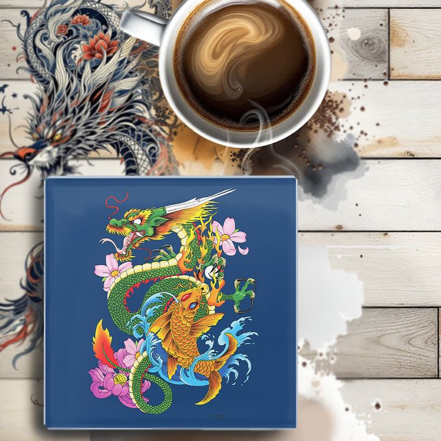 Green Chinese Dragon Koi Glass Coaster (Creator Uploaded)