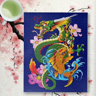 Green Chinese Dragon Koi Jigsaw Puzzle