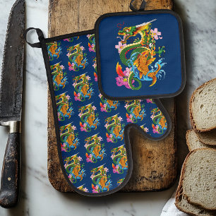 Green Chinese Dragon Koi Oven Mitt & Pot Holder Set
