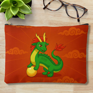 Green Chinese Dragon on Red Accessory Pouch