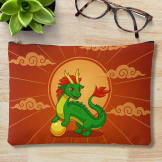 Green Chinese Dragon on Red Accessory Pouch