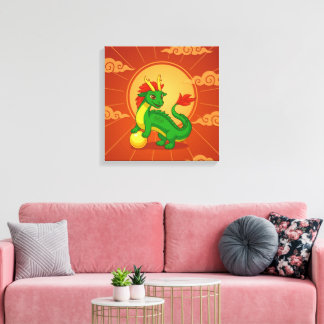 Green Chinese Dragon on Red Canvas Print