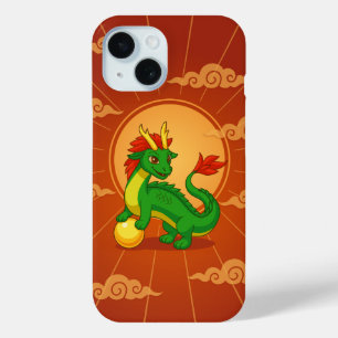 Green Chinese Dragon on Red iPhone 15 Case