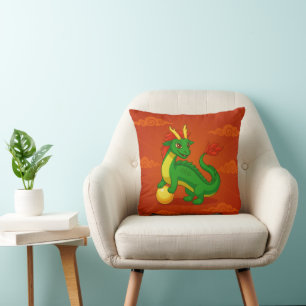 Green Chinese Dragon on Red Cushion