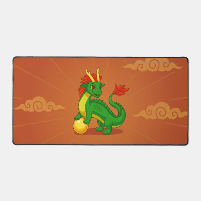 Green Chinese Dragon on Red Desk Mat (Front)