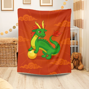 Green Chinese Dragon on Red Fleece Blanket