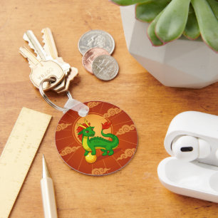Green Chinese Dragon on Red Key Ring