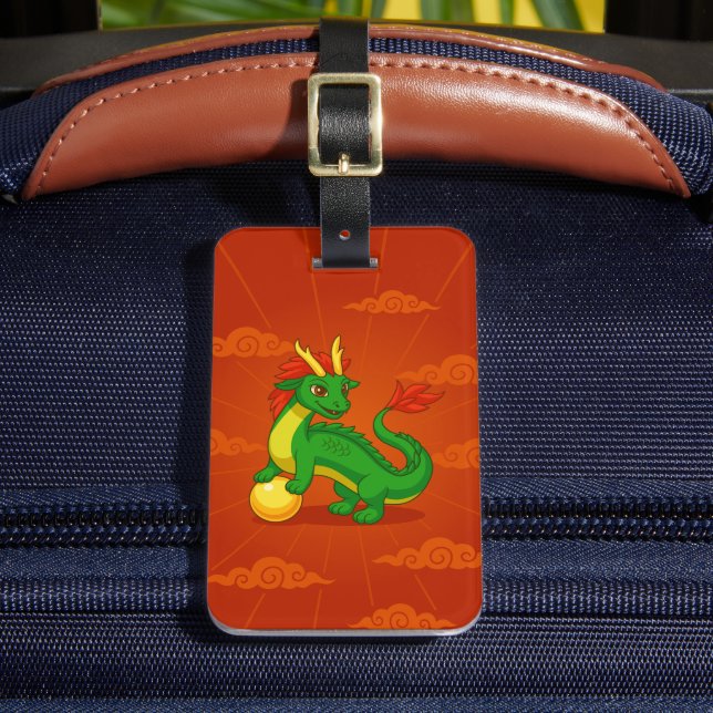 Green Chinese Dragon on Red Luggage Tag (Front Insitu 2)