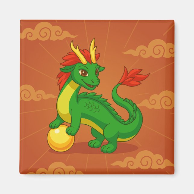 Green Chinese Dragon on Red Magnet (Front)