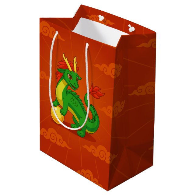 Green Chinese Dragon on Red Medium Gift Bag (Back Angled)