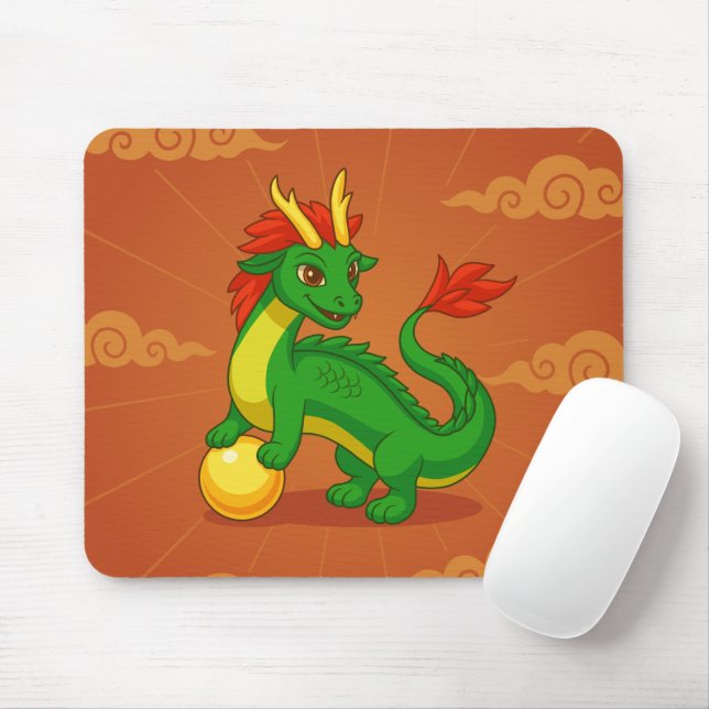 Green Chinese Dragon on Red Mouse Pad (With Mouse)