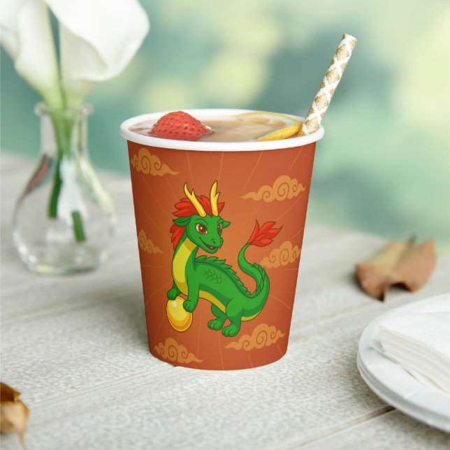 Green Chinese Dragon on Red Paper Cups (Insitu)