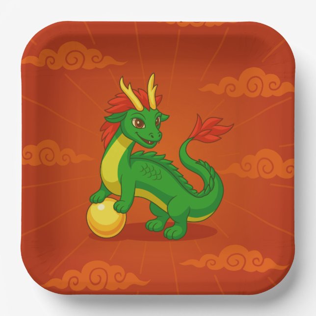 Green Chinese Dragon on Red Paper Plate (Front)