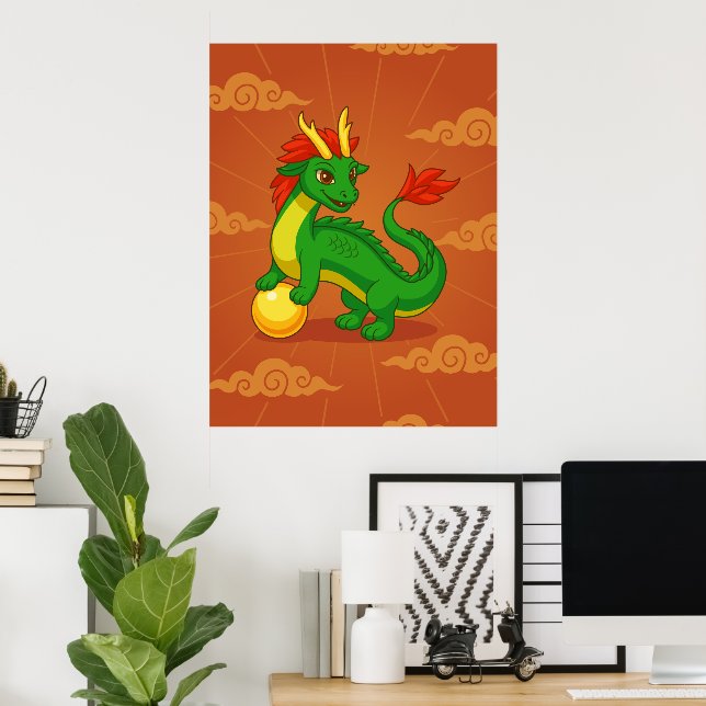 Green Chinese Dragon on Red Poster (Home Office)