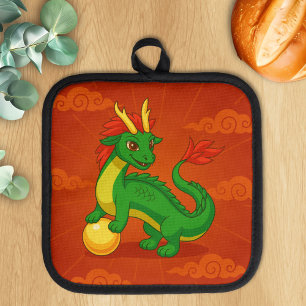 Green Chinese Dragon on Red Pot Holder