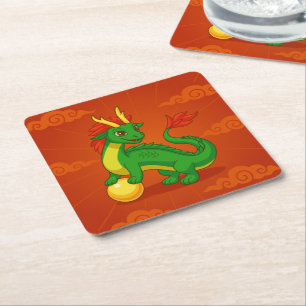 Green Chinese Dragon on Red Square Paper Coaster