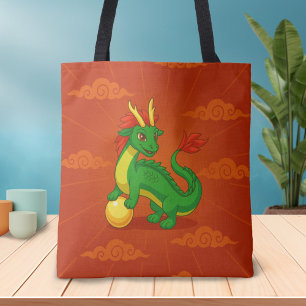 Green Chinese Dragon on Red Tote Bag