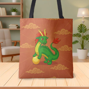 Green Chinese Dragon on Red Tote Bag
