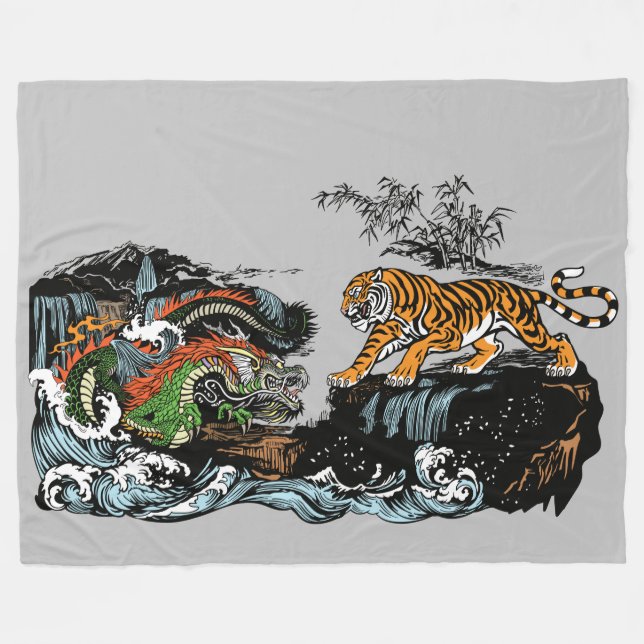 green Chinese Dragon versus Tiger Fleece Blanket (Front (Horizontal))