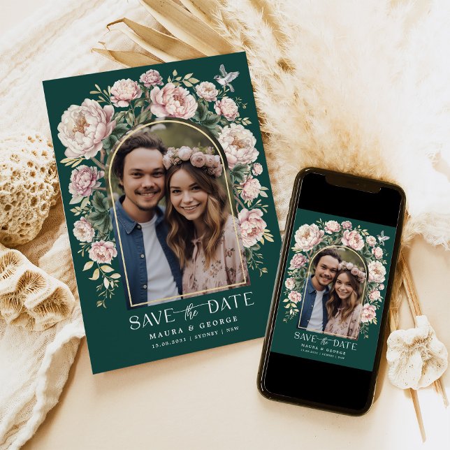 Green Chinoiserie Floral Bird Photo Save the Date Invitation (Creator Uploaded)