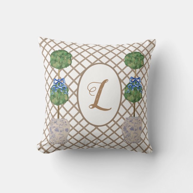 Green Chinoiserie Ginger Jar Jars Topiary Basket Cushion (Front)