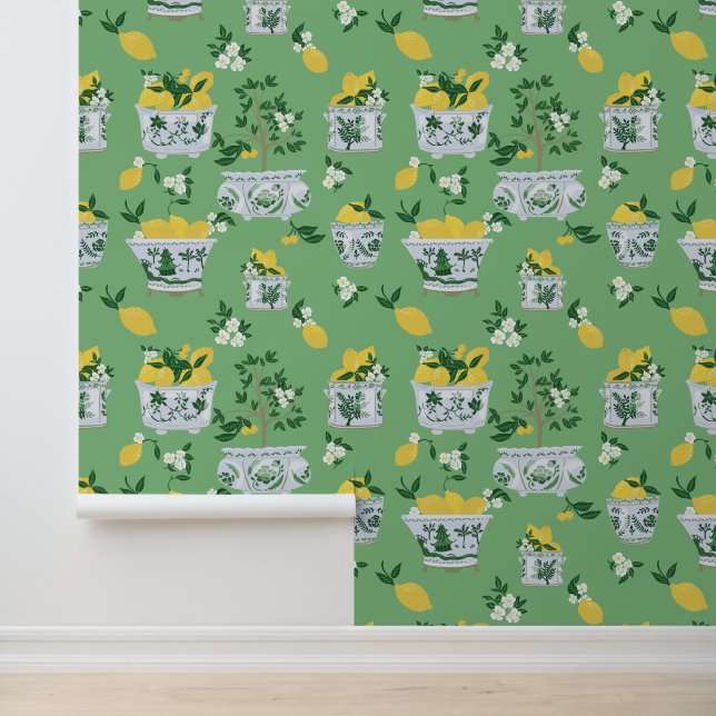 Green Chinoiserie Ginger Jar Lemon Trees Wallpaper (Application)