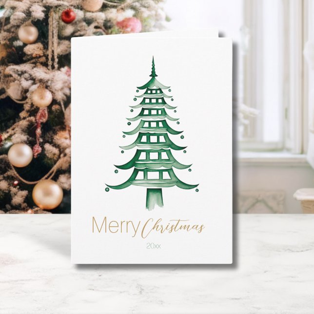 Green Chinoiserie Pagoda Christmas Tree  Card (Green Chinoiserie Pagoda Christmas Tree Card)