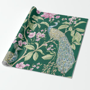Green Chinoiserie peacock floral elegant decoupage Wrapping Paper