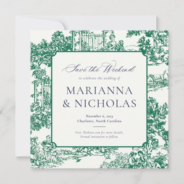 Green Chinoiserie Style Wedding Save the Date (Front)