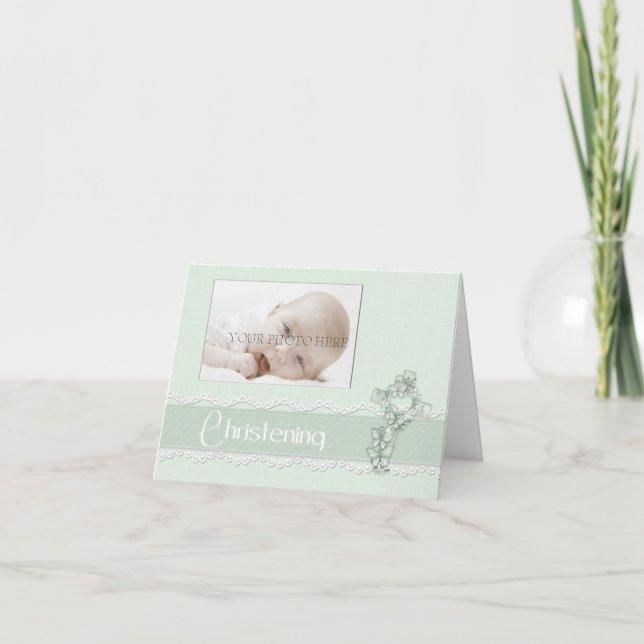 Green Christening Photo Invitation (Front)