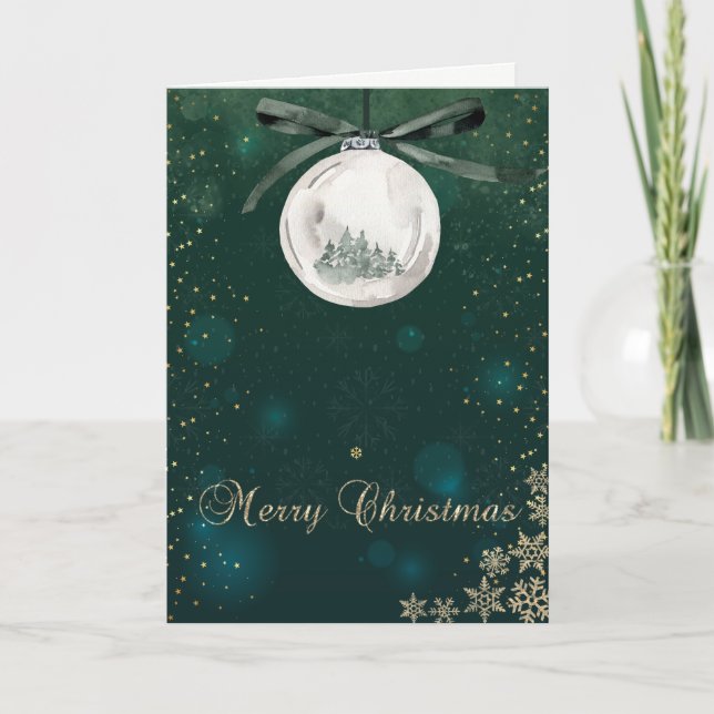 Green,Christmas Ball Pine Trees Snowflakes  Holiday Card (Front)