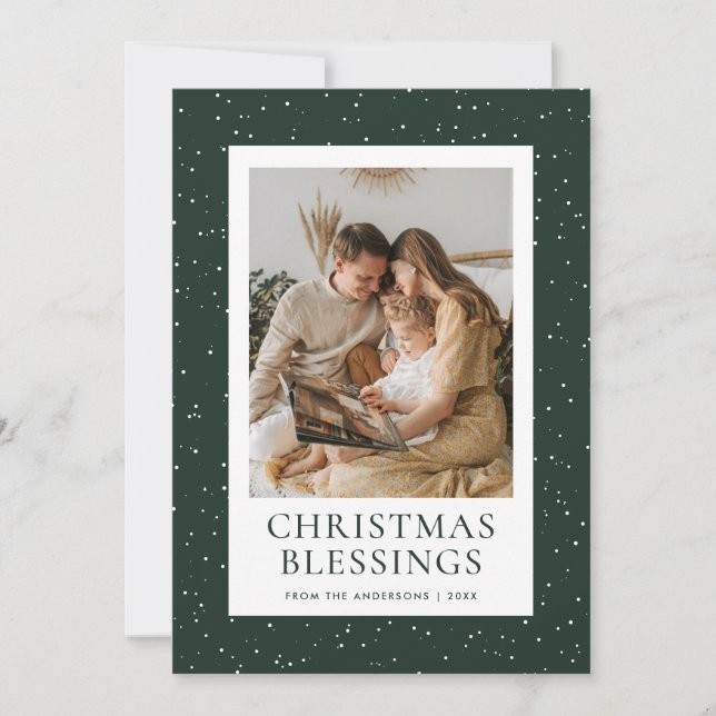 Green Christmas Blessings Snow Photo Holiday Card (Front)