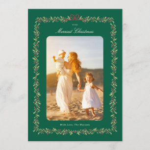 green christmas bow botanical frame photo holiday card