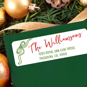 Green Christmas Bow Hand Drawn Doodle Red Script Return Address Label
