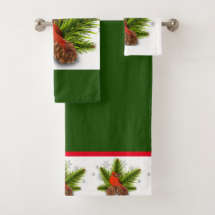 Green Christmas Cardinal Bird Bath Towel Set