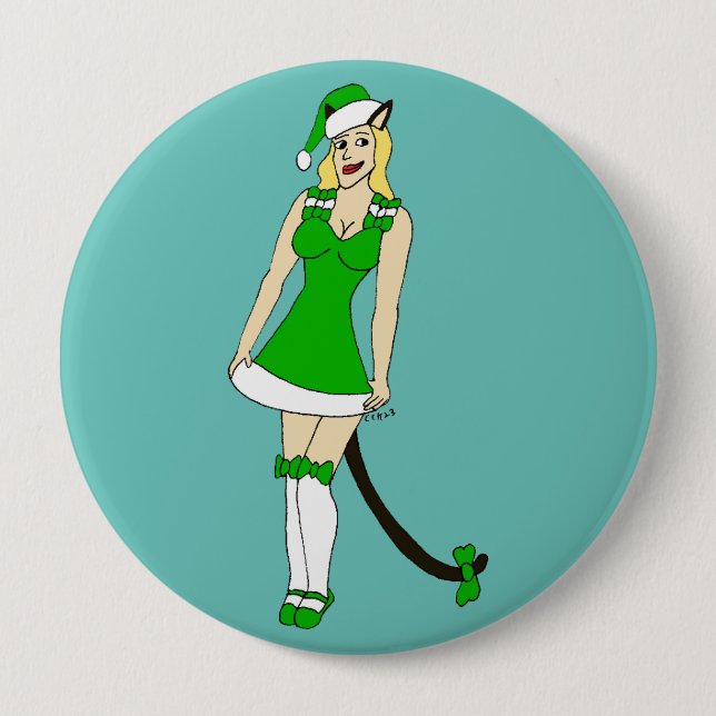 Green Christmas catgirl 10 Cm Round Badge (Front)