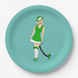 Green Christmas catgirl Paper Plate