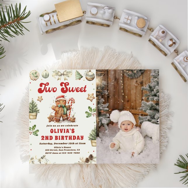 Green Christmas Cookie Two Sweet Birthday Photo Invitation (Creator Uploaded)