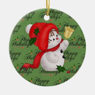 Green Christmas Cute Snowman Ceramic Ornament