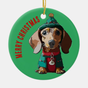 Green Christmas Dachshund Ceramic Ornament