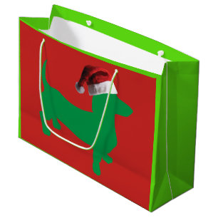 Green Christmas Dachshund with a Santa Claus Hat Large Gift Bag