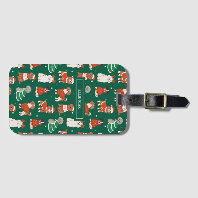 Green Christmas Dogs Personalised Luggage Tag (Front Horizontal)